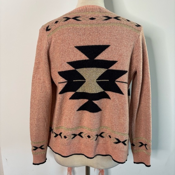 Peace Dove Pink Aztec Print Metallic Fringe Knit Cardigan Sweater Small Boho - Picture 6 of 10